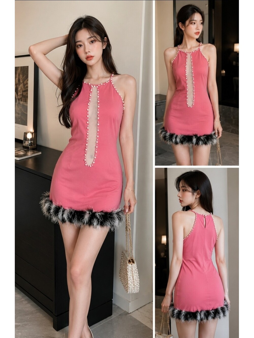 Pink Pearl Trim Mesh Cutout Feather Mini Dress Y2K Party Clubbing Size Small